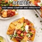 A plate and tray of nachos topped with ground beef, cheese, tomatoes, and sour cream, with lime wedges on the side; text overlay reads “13 Ground Beef Recipes.”.