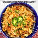 A bowl of shredded chicken in sauce, garnished with sliced jalapeños and herbs, sits on a striped napkin. Text above reads, “13 Instant Pot Chicken Dinners That Beat Takeout Without Trying.”.