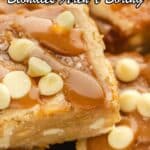 Close-up of blondie bars topped with caramel sauce and white chocolate chips, with text overlay promoting 13 blondie recipes.