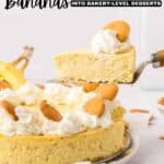 A slice of banana cheesecake with whipped cream and vanilla wafers is being lifted from a whole cake on a plate, with bananas and more wafers in the background.