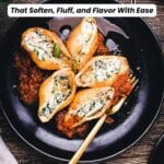 A black plate with large pasta shells stuffed with ricotta filling, topped with tomato sauce, and served with a wooden fork. Text overlay reads: "13 Ricotta Recipes.