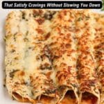 Close-up of baked cheesy enchiladas on a white plate, topped with herbs, with text promoting 13 snack ideas and the Southern Food and Fun website logo at the bottom.