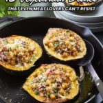 A cast-iron pan with stuffed squash halves topped with herbs sits on a table, alongside stacked plates, glasses, and serving utensils. Text reads: "13 Vegetarian Dishes That Even Meat Lovers Can't Resist." Perfect for fans of vegetarian recipes.