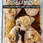 Baked chicken breasts in a glass dish, each topped with lemon slices and herbs, with browned edges and text promoting lemon in dinner recipes.