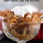 A glass dish filled with a bread dessert topped with whipped cream and caramel sauce, with the text “14 Fall Breads That Taste Like the Season.”.