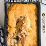 A wooden spoon holds a serving of baked chicken casserole above a baking dish with the same casserole; text overlay reads "14 Recipes That Turn Baked Chicken Into a Weeknight Favorite.