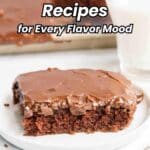 A slice of chocolate sheet cake with chocolate icing on a white plate, next to a glass of milk, with sheet cake visible in the background. Text on image reads โ14 Sheet Cake Recipes for Every Flavor Mood.โ.