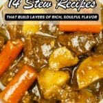 A bowl of beef stew with chunks of beef, carrots, and potatoes in a rich brown gravy. Text reads: “14 Stew Recipes That Build Layers of Rich, Soulful Flavor.”.