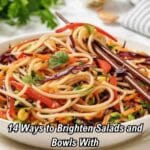 A bowl of pasta salad with colorful vegetables and herbs, with text overlay promoting fresh dressing ideas.