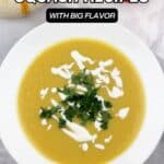 A bowl of butternut squash soup garnished with cream and parsley sits on a white plate, with text overlay promoting 15 butternut squash recipes.