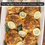Baked chicken thighs seasoned with herbs, garnished with lemon slices and rosemary, arranged in a white baking dish.