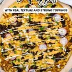 A large pizza topped with beef, radishes, green onions, cheese, and drizzled sauce on a baking tray, with text reading "15 Pizzas with Real Texture and Strong Toppings.