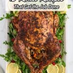 A roast turkey garnished with lemon slices, cranberries, and greens on a platter, with text reading "15 Roast Recipes That Get the Job Done" and the Southern Food and Fun logo.