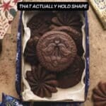A decorative tin filled with several dark chocolate shortbread cookies, some with intricate patterns, sits on a wooden surface beside a blue floral ribbon.