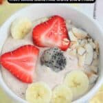 A bowl of smoothie topped with banana slices, strawberry slices, dragon fruit, and toasted coconut flakes. Text overlay reads “16 Kid-Friendly Recipes That Make Mealtime More Enjoyable.”.