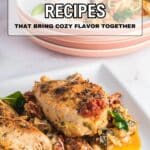 Two plates of cooked chicken breasts with vegetables and sauce, with text overlay advertising "16 One-Pot Recipes" on a white background.