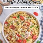 A bowl of rotini pasta salad with cherry tomatoes, shredded chicken, herbs, and cheese, surrounded by green onions, a wooden salt cellar, and a blue checked napkin.