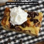 A slice of chocolate chip breakfast bake topped with whipped cream sits on a black-and-white checkered plate, with chocolate chips scattered nearby. Text overlays read "17 Breakfast Recipes.