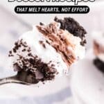 A close-up of a spoonful of layered chocolate dessert with whipped cream and cookie crumbs, over a blurred background of a white plate and dessert. Text overlay promotes chocolate dessert recipes.