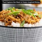 A bowl of white rice topped with shredded chicken, sliced green onions, and sesame seeds, with text about Asian-inspired dinners.