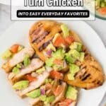 A plate with grilled chicken breast, sliced and topped with diced avocado, tomato, and red onion, beside text promoting chicken recipes from Southern food site.