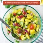 A bowl of chunky salsa with avocado, tomatoes, red onion, and cilantro; text overlay reads "17 Salsa Recipes that dance between sweet, smoky, and spicy.