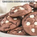 A plate of chocolate cookies with white chocolate chips, overlaid with text that reads "18 Cake Mix Recipes With Real Texture and Finish.