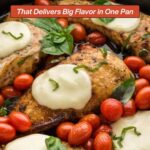 Chicken breasts with melted cheese, cherry tomatoes, and basil are cooked in one pan for skillet chicken that delivers big flavor. Text reads: "18 Skillet Chicken That Delivers Big Flavor in One Pan.