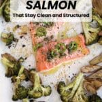 Two salmon fillets garnished with sliced green onions are baked on a tray with roasted broccoli and potato wedges.