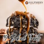 A stack of brownies is drizzled with caramel sauce, with text reading "19 Baked Treats That Bridge Blondies and Brownies in Style.