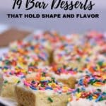 A plate of rectangular sugar cookie bars with white frosting and colorful sprinkles, accompanied by text about bar desserts.