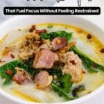 A bowl of soup with pieces of meat, kale, and onions, topped with red pepper flakes, with text promoting 19 keto recipes.