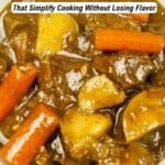 A bowl of beef stew with chunks of beef, potatoes, and carrots in a brown sauce, accompanied by text promoting one-pot recipes.