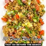 A plate of fried rice with vegetables, scrambled eggs, and green onions, with text overlay: "20 Fried Rice Ideas That Go Beyond The Basics.