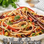 A plate of colorful noodle salad with vegetables sits on a marble surface. Text reads, โ20 Noodle Recipes That Know How to Comfort and Impress โ Southern Food and Fun.โ Discover impressive meals perfect for any comfort food craving.