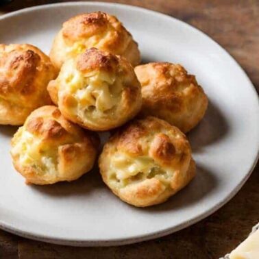 A white plate with six golden-brown cheese puffs sits on a wooden surface, offering irresistible baked appetizers, with a wedge of cheese visible in the foreground.
