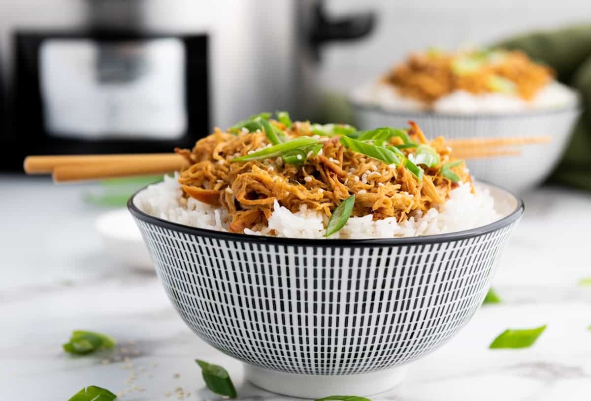 A bowl of white rice topped with shredded meat and sliced green onions, with chopsticks resting on the rim—perfect for Asian-inspired dinners. Another similar bowl sits in the background, ready to enjoy.