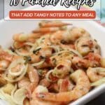 A white bowl filled with shrimp, sliced onions, and spices sits below text promoting 10 pickled recipes that add tangy notes to meals.
