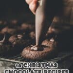 A hand uses a piping bag to decorate chocolate cookies on a cooling rack, with text promoting 12 Christmas chocolate recipes.
