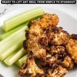 A white plate with roasted cauliflower florets and celery sticks, shown from above. Text reads “12 Side Dish Recipes” and “Ready to lift any meal from simple to standout.”.