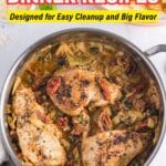 A pot filled with cooked chicken breasts, tomatoes, and vegetables on a table, with the text "13 One-Pot Dinner Recipes" overlaid at the top.