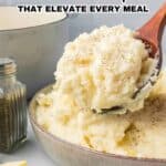 A bowl of mashed potatoes with a wooden spoon, accompanied by a salt shaker and butter slices, with text promoting potato recipes.