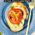 A cooked chicken breast topped with tomato and basil is served on a blue plate with a gold fork. Text overlay reads "15 Air Fryer Chicken Dinner Ideas for Fast, Flavor-Loaded Nights.