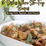A dish of shrimp and vegetables stir-fry in a white serving dish, with text promoting 15 stir-fry recipes from Southern Food and Fun.