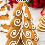A gingerbread tree-shaped cookie decorated with white icing is displayed upright, with more decorated gingerbread cookies in the background. Text reads: “15 Old-Fashioned & Creative Gingerbread Treats.”.