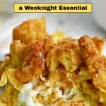 A serving of chicken casserole with a crispy golden crust is shown on a white plate, with text overlay promoting chicken casserole recipes.