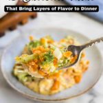 A fork holding a bite of broccoli casserole above a plate, with text reading "13 Casserole Ideas That Bring Layers of Flavor to Dinner." Discover new casserole ideas bursting with layers of flavor for your next delicious dinner.