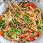 A bowl of stir-fried noodles with ground meat, sliced vegetables, and chopsticks resting on the rim. Text overlay reads, "15 Stir-Fry Recipes for a Fast Dinner That Keeps Things Fresh.