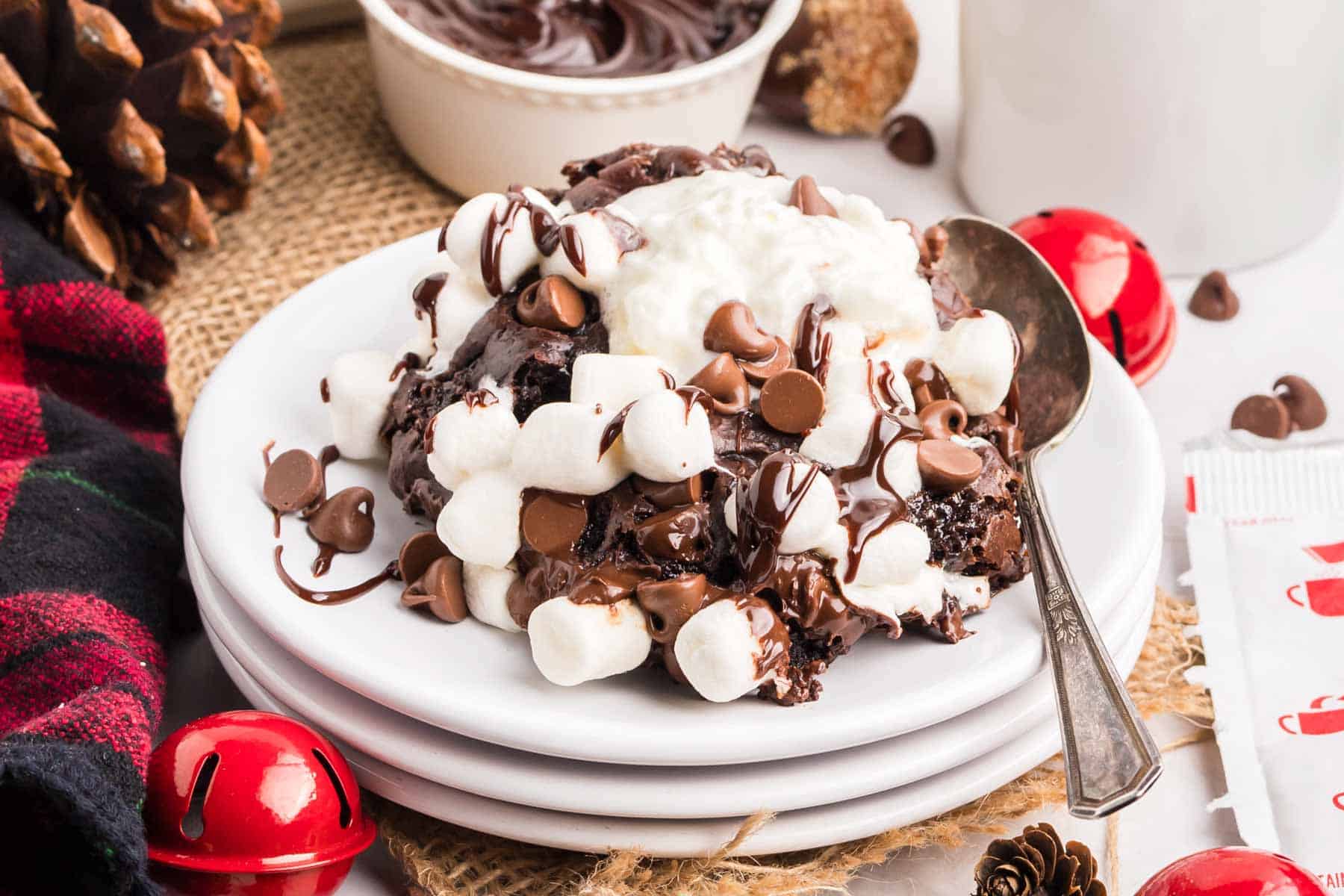Easy Hot Chocolate Dump Cake with chocolate, marshmallows, and cocoa—best served warm!