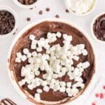 A bowl of chocolate batter topped with mini marshmallows, surrounded by bowls of chocolate chips, whipped topping, and chocolate spread, with a mixer and a packet nearby.